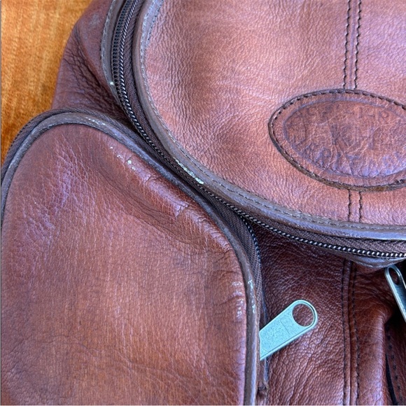 VTG Cognac Leather Backpack Bag • Rustic, Heritage Academia • Plaid Interior - Picture 7 of 11